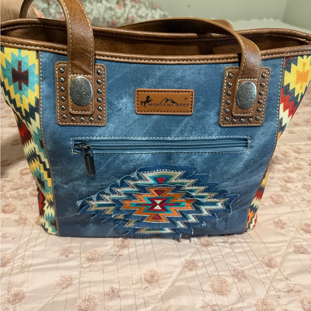 Montana West Denim Blue Aztec Tote with Brown Trim